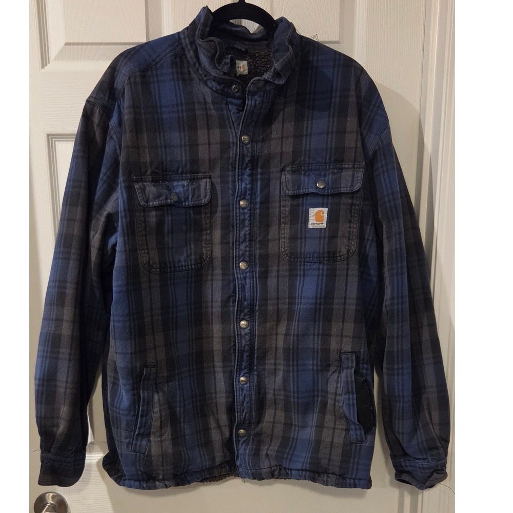 Carhartt Hubbard Sherpa Lined Shirt Jacket Mens XL Blue Plaid Flannel Workwear